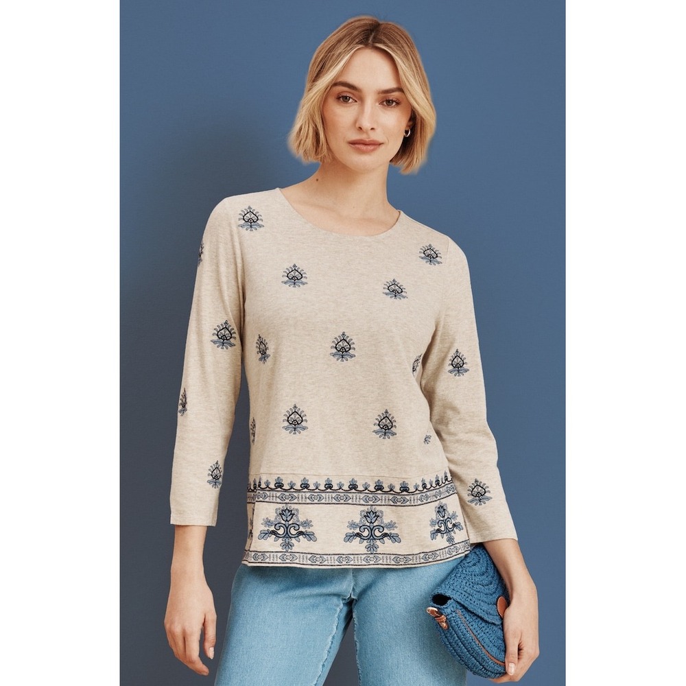 J. Jill Embroidered Long Sleeve Top Womens Size Medium Oatmeal New With Tags
